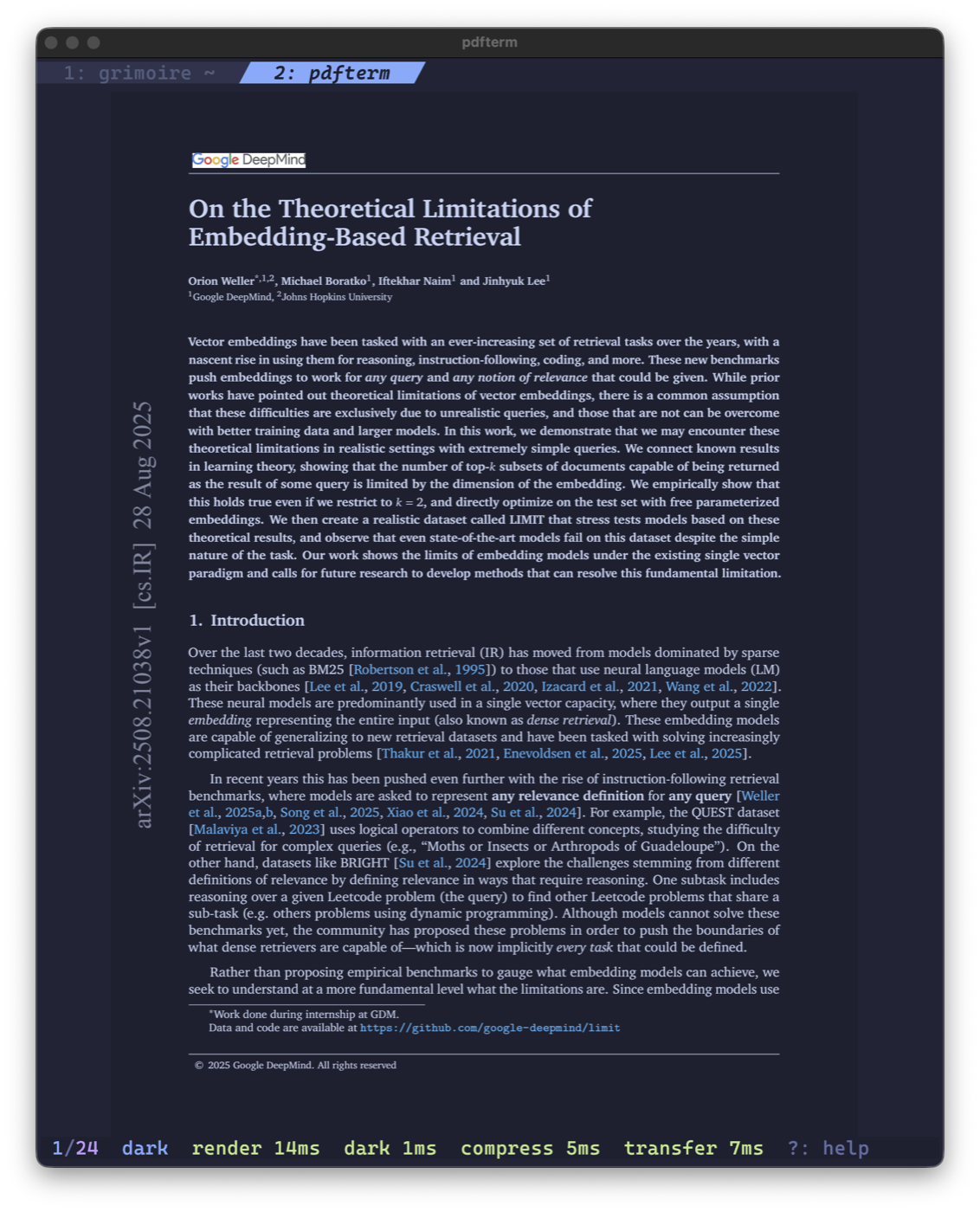 pdfterm rendering an arXiv paper in dark mode inside Kitty